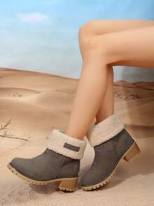 女士時尚靴子女士雪地靴冬季中筒靴,粗跟折邊毛皮踝靴 - 灰色 - 查看 6