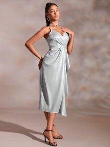 GENKIRA Vestido camisero liso con ribete de volantes - Plateado - Ver 6