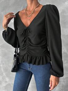 RueChic Drawstring Front Lantern Sleeve Ruffle Hem Blouse - Black - View 5