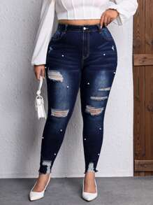 SHEIN Privé 大碼珍珠串珠破洞毛邊緊身牛仔褲 - 深色水洗藍 - 查看 2