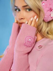 SHEIN X Care Bears Winter Warm Knitted Pink Long Gloves Sleeves Set - Pink - View 6