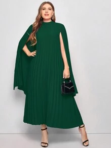 SHEIN Belle Plus Solid Pleated Cape Sleeve Cocktail Dress - Dark Green - View 1