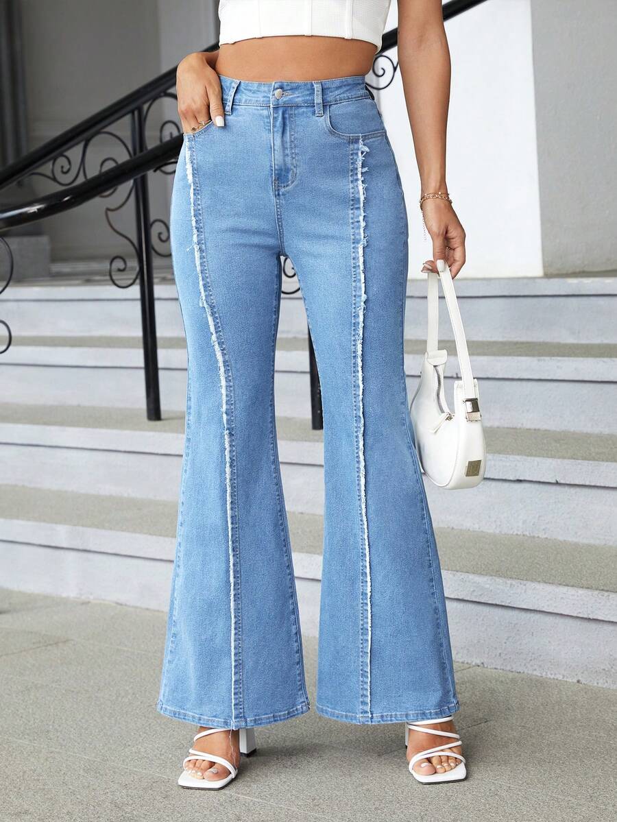 SHEIN Essnce Raw Trim Flare Leg Jeans - Light Wash - View 1