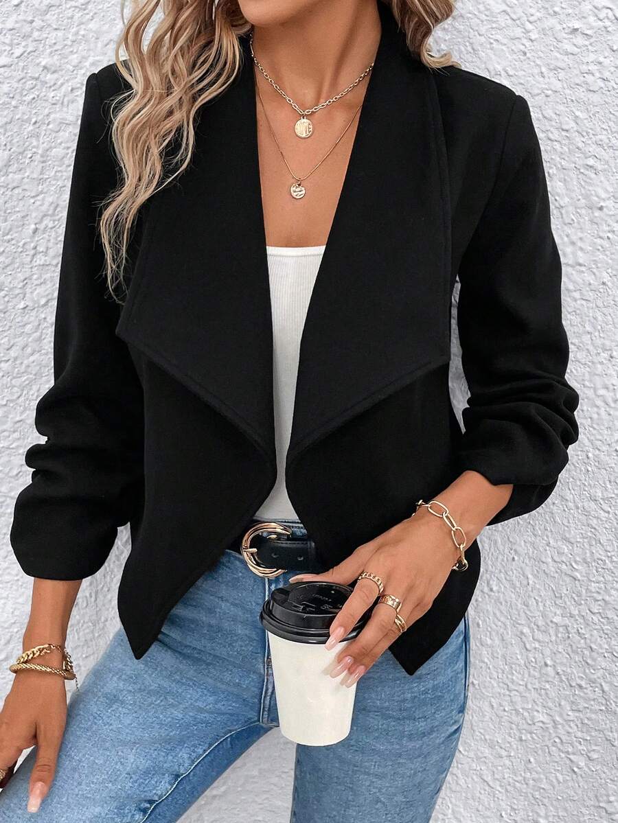 SHEIN Essnce 瀑布領開襟西裝外套 - 黑色 - 查看 1