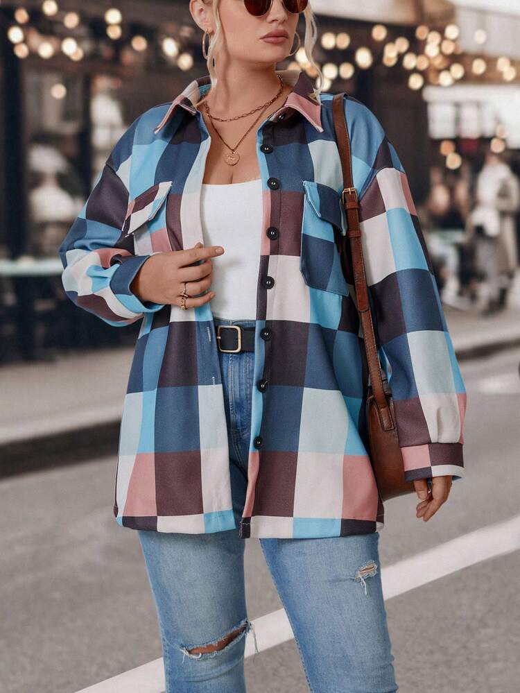 Plus Plaid Print Drop Shoulder Overcoat Fall Cloth For Women