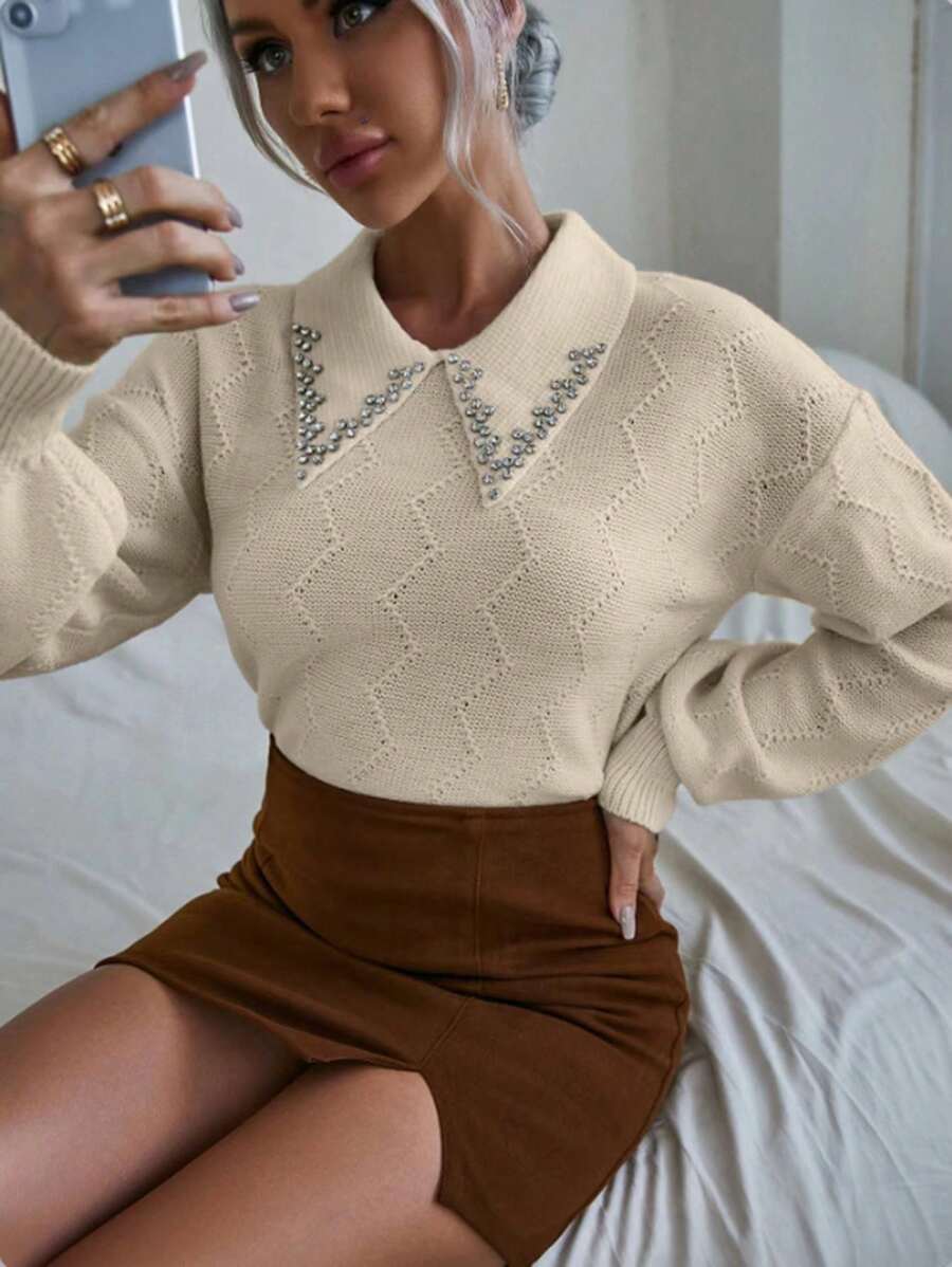 EMERY ROSE Rhinestone Detail Drop Shoulder Sweater,Long Sleeve Tops Knit Pullover Fall Winter Outfit