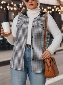 SHEIN LUNE Abrigo tipo chaleco con capucha y estampado de cuadros vichy - Blanco y Negro - Ver 1