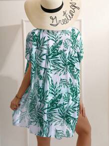 SHEIN Swim 夏季海灘熱帶印花推擠上衣比基尼套裝連和服外套 - 墨綠色 - 查看 2