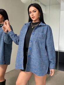 SHEIN Essnce Plus Plaid Print Drop Shoulder Overcoat - Blue - View 6