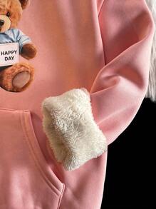 SHEIN 少女熊印花袋鼠口袋保暖内衬卫衣 - 粉色 - 查看 5