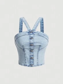 SHEIN MOD Button Front Cami Denim Top - Light Wash - View 1