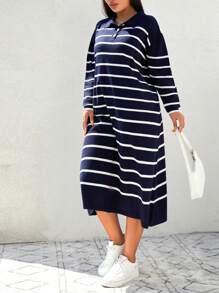 EURMUSE Plus Striped Pattern Drop Shoulder Polo Neck Sweater Dress, For Winter - Navy Blue - View 5