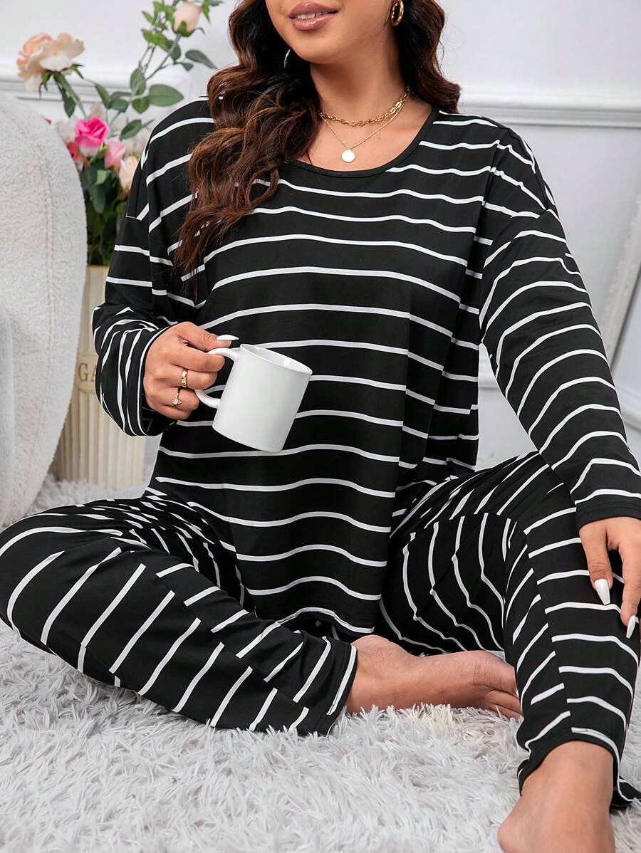 Plus Striped Print PJ Set / Pajama Set Cozy And Elegant Details, Fall Winter Clothes Outfit - Black and White - View 1