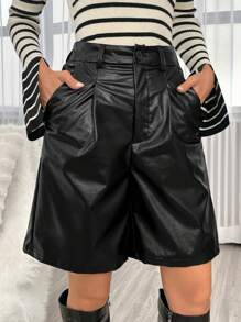 SHEIN Essnce 拼接細節PU皮革百慕大短褲 - 黑色 - 查看 5