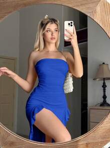 Sweetina Ruched Asymmetrical Hem Tube Dress - Royal Blue - View 5