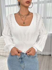 SHEIN Privé Pointelle Knit Drop Shoulder Duster Cardigan Without Cami Top - White - View 3