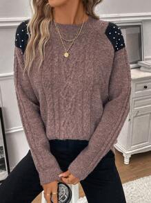 SHEIN Clasi Pearls Beaded Cable Knit Drop Shoulder Sweater - Coffee Brown - View 3