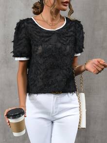 SHEIN Clasi 撞色滾邊毛茸茸襯衫 - 黑色 - 查看 5