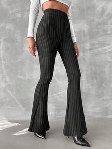 SHEIN Striped Print Flare Leg Pants - Black - View 3