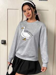 SHEIN EZwear Duck & Letter Graphic Drop Shoulder Sweatshirt - Grey - View 3