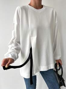 RueChic Drop Shoulder Knot Side Asymmetrical Hem Sweatshirt - Beige - View 4