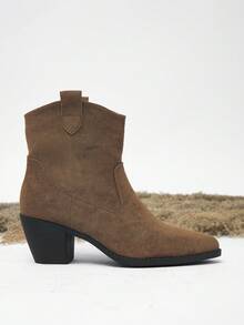 女款時尚短版西部尖頭棕色麂皮高跟靴粗跟 - 棕色 - 查看 5