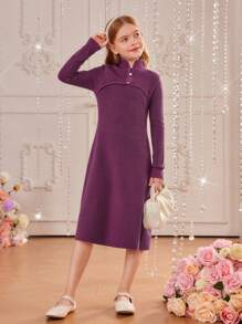 SHEIN Tween Girl 1pc Button Front Sweater Dress - Purple - View 8