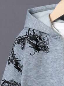 SHEIN 男童中国龙印花拉链保暖连体卫衣 - 灰色 - 查看 5