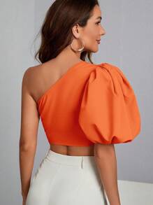 SHEIN Privé One Shoulder Puff Sleeve Crop Blouse - Orange - View 2