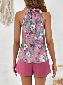 SHEIN VCAY Quần short có dây buộc và áo in họa tiết nhiệt đới - Nhiều màu - Xem 2