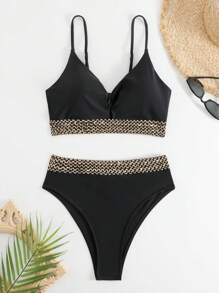SHEIN Swim Summer Beach Contrast Trim High Waisted Bikini Set - Black - View 7