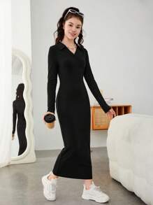 Teen Girl Knitted Solid Color Ribbed V-Neck Collar Long Dress - Black - View 1