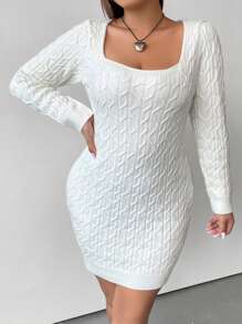 Flirla Plus Square Neck Cable Knit Bodycon Sweater Dress, For Winter Fall Cloth For Women - White - View 7