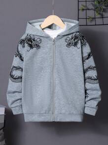 SHEIN 男童中国龙印花拉链保暖连体卫衣 - 灰色 - 查看 4