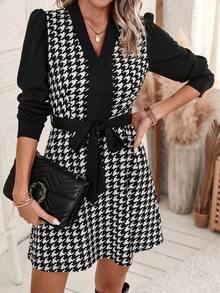 SHEIN Clasi Houndstooth Print Puff Sleeve Belted Dress - Black and White - View 3
