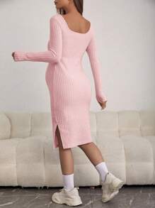 SHEIN 孕婦方領羅紋針織緊身洋裝 - 粉色 - 查看 2