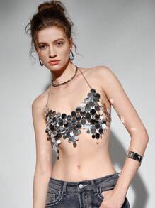 SHEIN Allurite Sequin Decor Halter Top