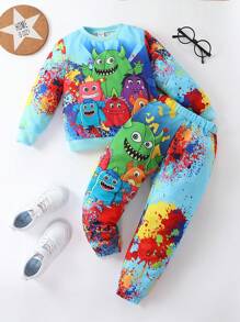 SHEIN Young Boy Cartoon Graphic Sweatshirt & Sweatpants - Multicolor - View 1