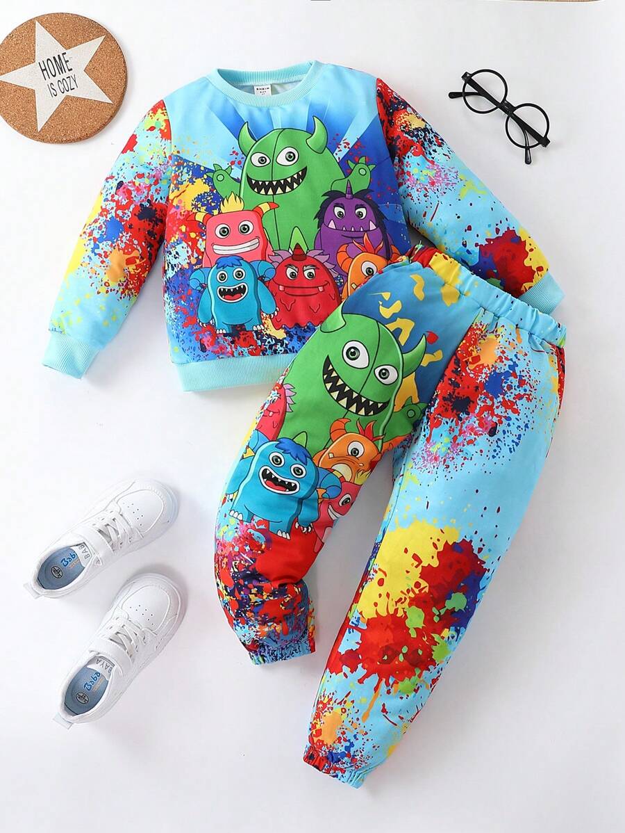 SHEIN Young Boy Cartoon Graphic Sweatshirt & Sweatpants - Multicolor - View 1