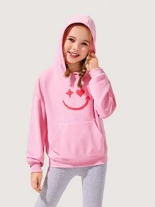 SHEIN 少女卡通图案袋鼠口袋落肩卫衣 - 粉色 - 查看 3