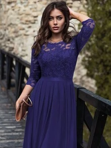 MIUSOL 花卉蕾丝雪纺荷叶边长款连衣裙，优雅女士礼服，正式礼服，适合婚礼宾客、毕业典礼、晚宴及其他场合。 - 紫色 - 查看 9