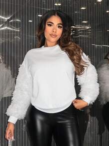 SHEIN SXY Solid Drop Shoulder Fuzzy Panel Sweatshirt - White - View 1