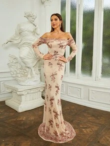 Missord Off Shoulder Sequin Mermaid Formal Dress - Khaki - View 6