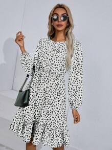 SHEIN Clasi Vestido con estampado de lunares bajo con fruncido - Blanco y Negro - Ver 5