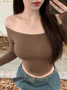 DAZY 女士纯色露肩长袖修身T恤，秋季女装 - 棕色 - 查看 4