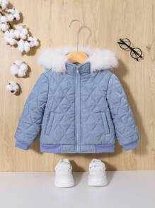 SHEIN Baby Girl Fuzzy Trim Hooded Quilted Jacket - Blue - View 3