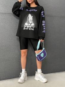 SHEIN EZwear 字母&骷髅頭圖案插肩袖運動衫 - 黑色 - 查看 6