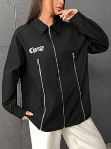 SHEIN EZwear 字母圖案拉鏈開襟落肩袖襯衫 - 黑色 - 查看 5