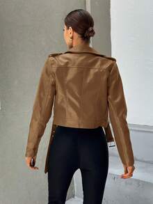 SHEIN Essnce Fashionable Solid Color Belted Cropped Jacket, Autumn - Brown - View 2