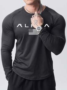 Manfinity Sport PWRUP Boyfriend Style Men & Letter Graphic Raglan Sleeve Sports Tee Workout Tops , Gym , Graphic , Compression , Plain Workout Tops Gym Top Fall Breathable Fitted Shirt Fall Crew Neck